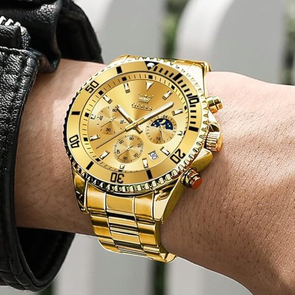 NEW! Mens All Gold Watch Big Face Stainless Steel Waterproof Date Analog Quartz - Picture 1 of 5